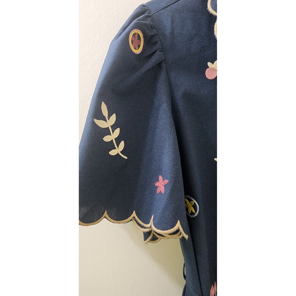MABLE Navy Blue Embroidered‎ Scalloped Linen Blend Mini Shirt Dress MD4896A M - Picture 4 of 10